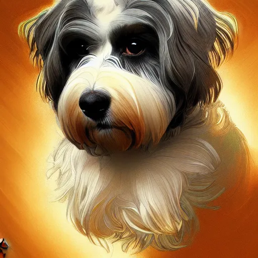 Image similar to beautiful detailed picture of a havanese dog, radiant light, art nouveau, intricate, elegant, highly detailed, my rendition, digital painting, artstation, concept art, smooth, sharp focus, illustration, art by artgerm and greg rutkowski and alphonse mucha