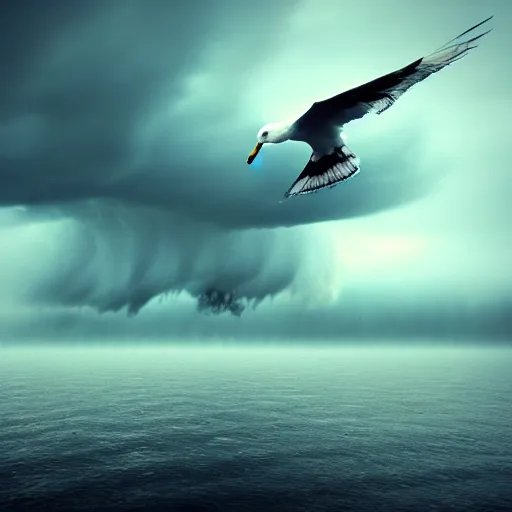 Image similar to a tornado!! made of seagulls, windy, cloudy, realistic reflections, cinematic lighting, fine details