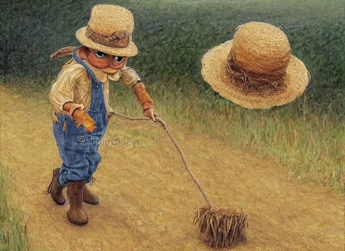 Prompt: a cute short and wide scarecrow with straw for hair and with a straw hat in overalls walking on a dirt road next to a large tall corn field, by tom lovell, ross tran, terry redlin, jean baptiste monge, beatrix potter, painterly