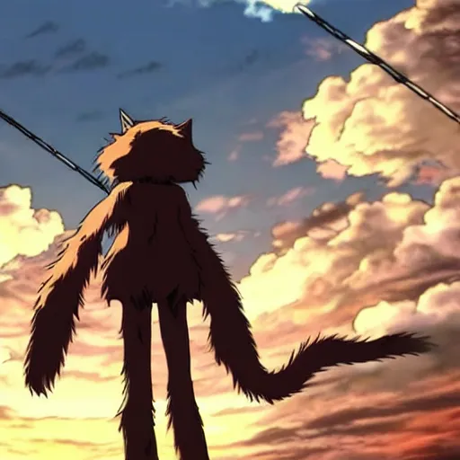 Prompt: A cat as a gigantic titan in attack on titan, high quality, very detailed