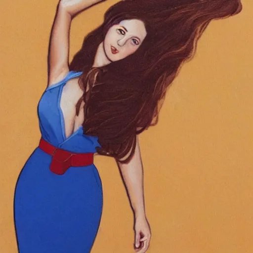 Image similar to A woman with long wavy brunette hair wearing a blue dress with a red belt