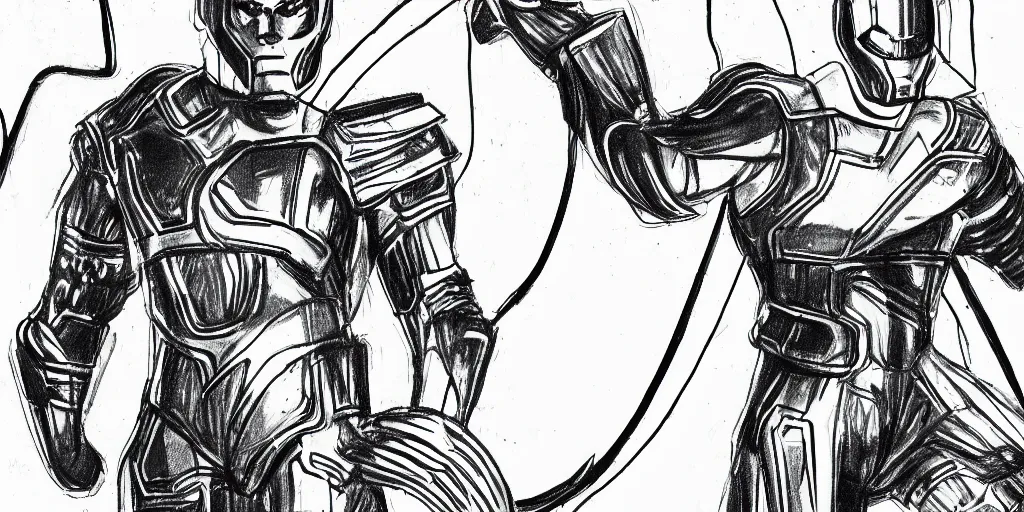 Image similar to pencil sketch storyboard, a man wearing futuristic sleek gauntlets, chest piece and helmet powers up as pulsing lines of energy swirl around him