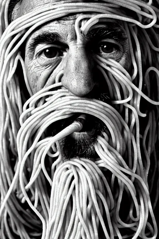 Image similar to extremely detailed portrait of old italian cook, spaghetti mustache, slurping spaghetti, spaghetti in the nostrils, spaghetti hair, spaghetti beard, huge surprised eyes, shocked expression, scarf made from spaghetti, full frame, award winning photo by herb ritts