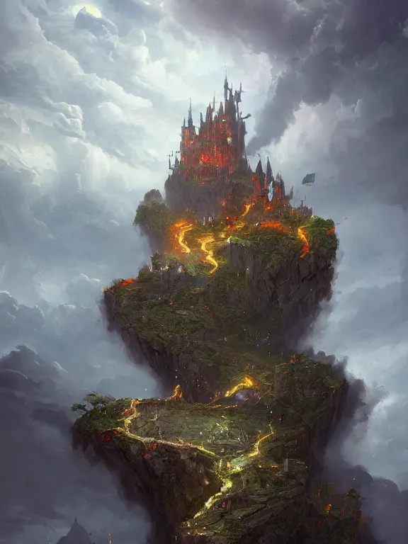 Image similar to photo of 8k ultra realistic castle on cliff surrounded by swirling clouds and lighting, dark, menacing, full of colour, cinematic lighting, battered, trending on artstation, 4k, hyperrealistic, focused, extreme details,unreal engine 5, cinematic, masterpiece, art by Peter Mohrbacher