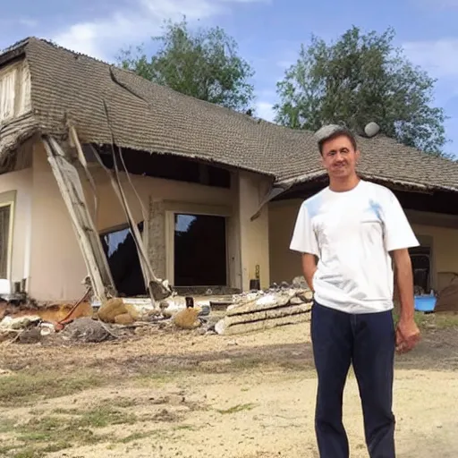 Image similar to a man standing proudly in front of a really badly built house