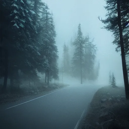 Image similar to driving through foggy austrian alps, greg rutkowski, artstation, spooky, mysterious, cinematic, the shining opening scene
