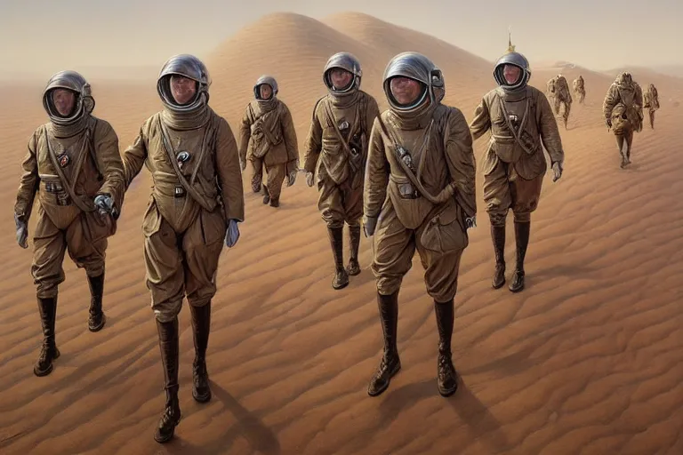 Prompt: portrait shot of ww 1 astronauts marching through the marsian desert, intricate, elegant, highly detailed, centered, digital painting, artstation, concept art, smooth, sharp focus, illustration, artgerm, tomasz alen kopera, peter mohrbacher, donato giancola, joseph christian leyendecker, wlop, boris vallejo