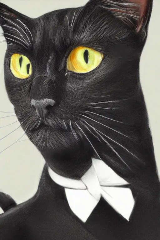 Image similar to a black cat wearing a tuxedo, portait, photo, profile, picture, hyperrealistic, concept art, digital art