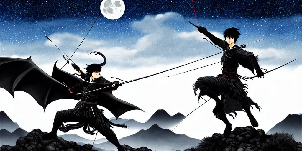 Image similar to korean archer. dragon. night sky. moon. mountain. dark fantasy. high resolution. epic fight. detailed. digital art. dark fantasy. kentaro miura