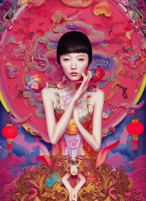 Image similar to pretty chinese model with hallucination mushroom : : by martine johanna and simon stalenhag and chie yoshii and casey weldon and wlop : : ornate, dynamic, particulate, rich colors, intricate, elegant, highly detailed, centered, vogue, fashion magazine, smooth, sharp focus, octane render, 8 k