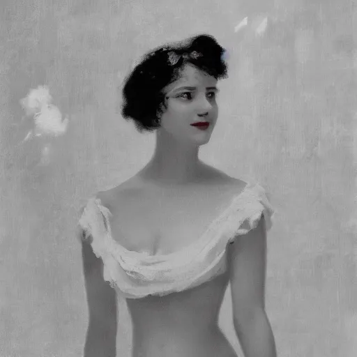 Image similar to a beautiful woman in an elegant see-thru white dress, wearing a black bikini underneath, 1920s, by Ilya Repin and WLOP, 8k octane render