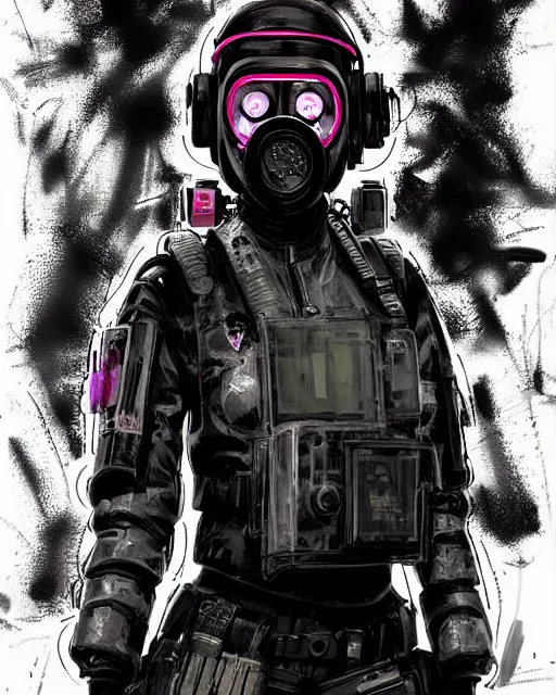 Image similar to detailed portrait neon female swat officer, cyberpunk futuristic, neon, gas mask, reflective puffy coat, decorated with traditional japanese by ismail inceoglu dragan bibin hans thoma greg rutkowski alexandros pyromallis nekro rene margitte, fire & smoke background, illustrated, perfect face, fine details, realistic shaded, fine - face, pretty face