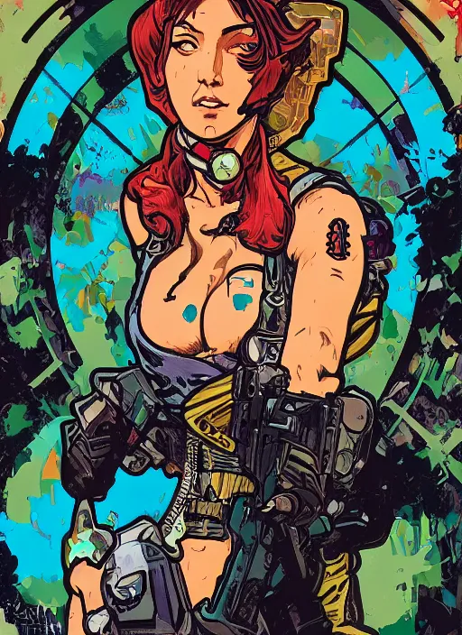 Image similar to maria. cyberpunk mercenary in scenic setting. portrait illustration, pop art, splash painting, art by ashley wood, alphonse mucha, laurie greasley and josan gonzales