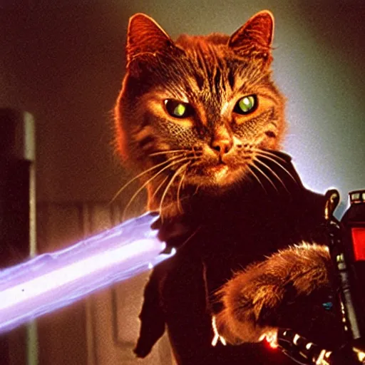 Image similar to a still of a cat as the terminator ( 1 9 8 4 ), glowing eyes metallic