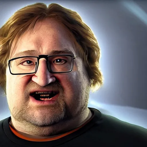 Prompt: Gabe Newell at E3 teasing Half Life-3, eal life, hyperrealistic, ultra realistic, realistic, highly detailed, epic, HD quality, 8k resolution, dramatic, dramatic lighting, dramatic angle