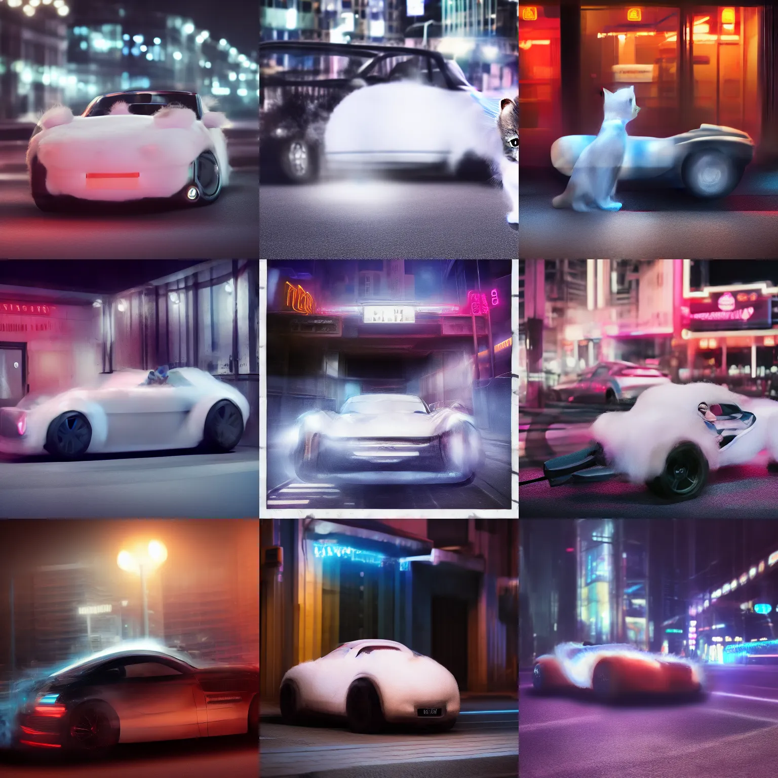 Prompt: a fluffy roadster covered with white fur and looked like a British Shorthair cat, parking in the street, Cyberpunk, neon light, front view, 4k, hd, highly detailed