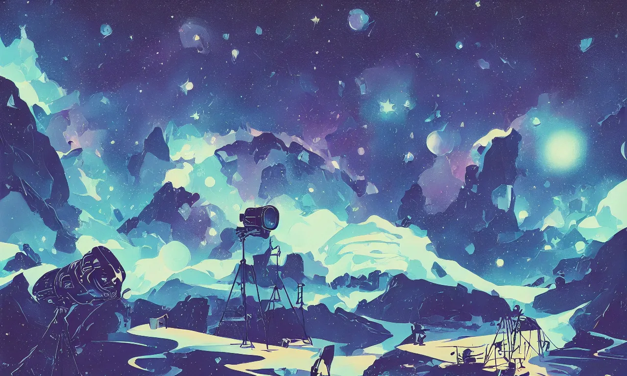 Image similar to A beautiful painting of a camera floating among stars, trending on Artstation, by Eyvind Earle and Dan Mumford