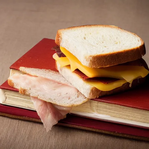 Prompt: a ham and cheese sandwich on white bread, sitting on a thick old book. high definition photograph - n 8