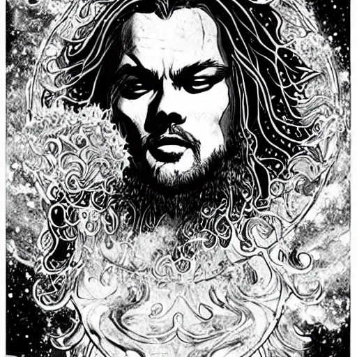 Prompt: black and white pen and ink!!!!!!! Leonardo Di Caprio handsome cosmic space robes flowing royal hair golden!!!! Vagabond!!!!!!!! floating magic swordsman!!!! glides through a beautiful!!!!!!! liquid magic floral crystal battlefield dramatic esoteric!!!!!! Long hair flowing dancing illustrated in high detail!!!!!!!! by Moebius and Hiroya Oku!!!!!!!!! graphic novel published on 2049 award winning!!!! full body portrait!!!!! action exposition manga panel black and white Shonen Jump issue by David Lynch eraserhead and beautiful line art Hirohiko Araki!! Rossetti, Millais, Mucha, Jojo's Bizzare Adventure