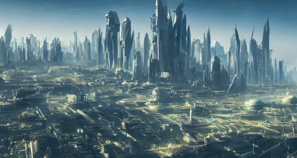 Image similar to view on futuristic city in the horizon, in style of solarpunk, detailed, sharp, 8 k