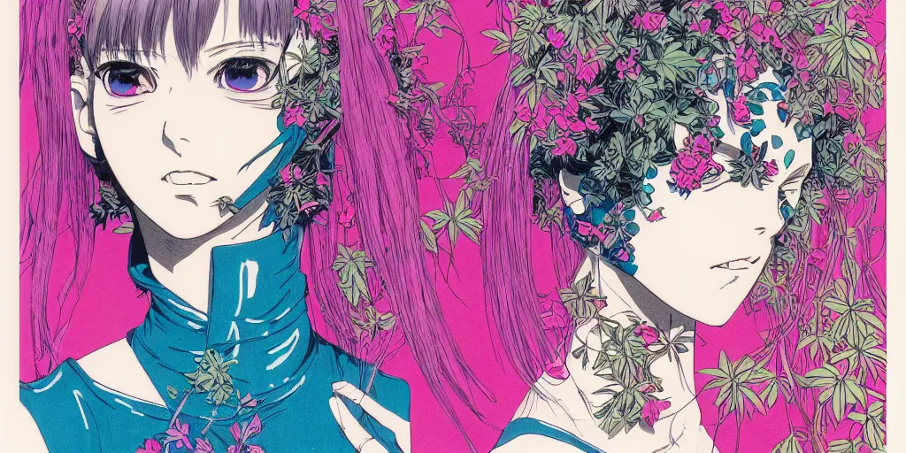 Image similar to risograph grainy drawing of neo - tokyo anime - like hero girl protagonist face, dull colors, with huge earrings, face covered with plants and flowers, by moebius and dirk dzimirsky and satisho kon, latex, close - up wide portrait, epic sad, perfect blue