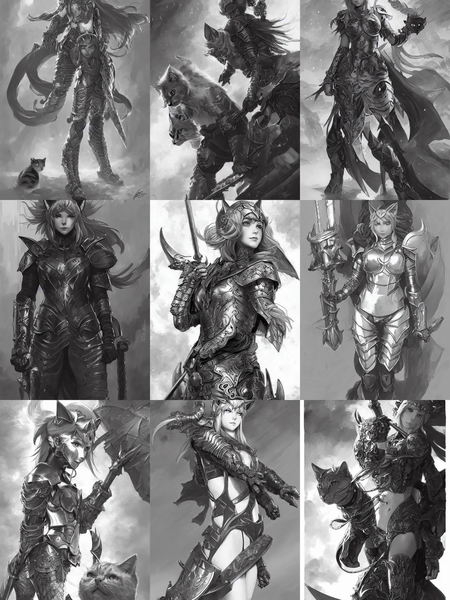 Prompt: picture of paladin girl with cat ears and cat tail, heavy armor, dnd, high fantasy, highly detailed, detailed face, grayscale monochromatic, manga illustration, by artgerm, greg rutkowski, alphonse mucha