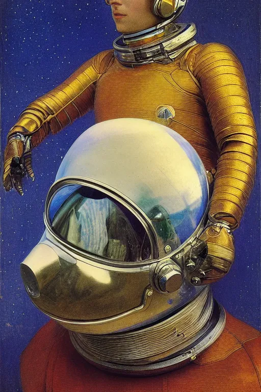 Prompt: portrait of a beautiful chrome gay male robot wearing a space helmet, reflections, mirroring, stars in space, rich clouds, warm azure tones, heavy lensflare, color bleed, film grain, depth of field, jules bastien - lepage, rudolph belarski, johfra bosschart, alexandre cabanel