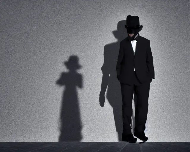 Image similar to mysterious man in black suit and black fedora hat and black shoes, he has a pistol!!, mysterious, 4 k, highly detailed, digital art, strong shadows, high contrast, epic scene, atmospheric, blue colours, award winning photo