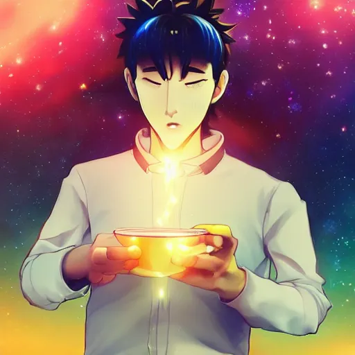 Image similar to A man drinking a cup of cosmic energy bright light, illustration, anime style, Artgerm, 4k, digital art, surreal, anime style, space dandy style, highly detailed, godsend, artstation, digital painting, concept art, smooth, sharp focus,