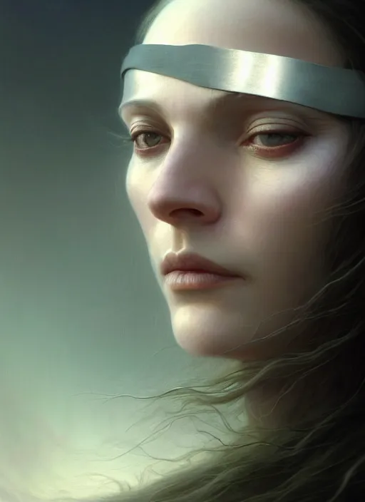 Image similar to closeup portrait shot of a pale woman with blindfold in a scenic dystopian environment, intricate, elegant, highly detailed, centered, digital painting, artstation, concept art, smooth, sharp focus, illustration, artgerm, tomasz alen kopera, peter mohrbacher, donato giancola, joseph christian leyendecker, wlop, boris vallejo