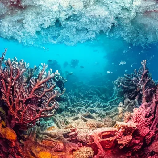 Image similar to treasure hidden under the coral in the ocean shipwreck, beautiful composition, wide angle, colorful, cinematic, volumetric lighting, intricate details painting