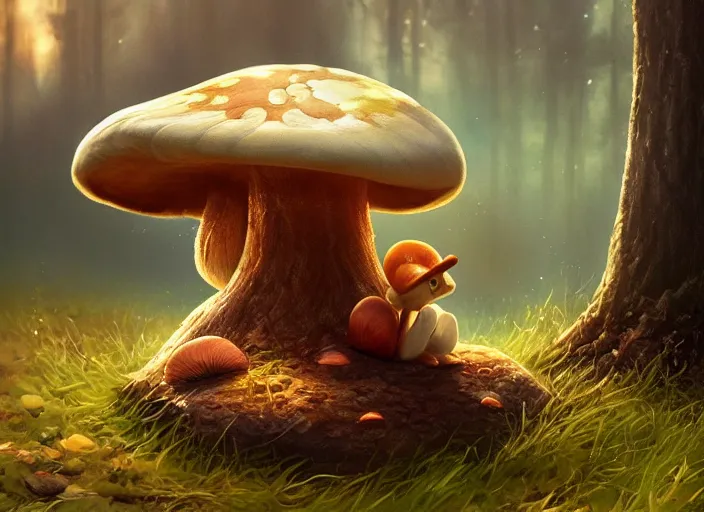 Prompt: a cute creature sitting next to a mushroom, golden hour, fantasy, sharp focus, digital art, hyper realistic, 4 k, unreal engine, highly detailed, hd, dramatic lighting by brom, trending on artstation