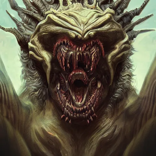 Prompt: horrifying beast monster, maximalist, high detail, 8k, ornate, dark fantasy, realistic, masterpiece, Trending on art station, complex, WLOP