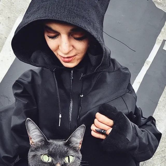 Prompt: a black cat wearing techwear, stylish, instagram, fashion design