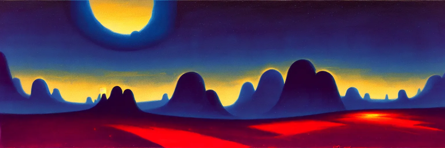Image similar to cartoon paul lehr narrow night landscape with farawaymountains dark blue tones