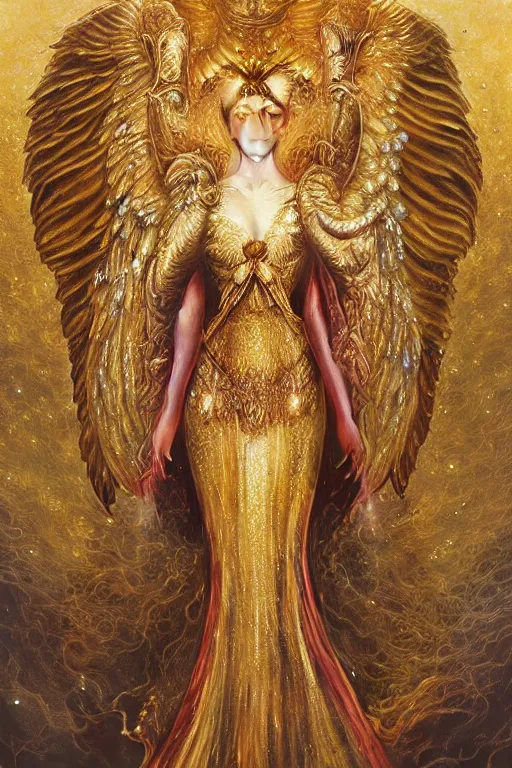 Prompt: golden angel with wings, wearing diamond armor shining light, jewelry pearls, god rays by Karol Bak, Ayami Kojima, Amano