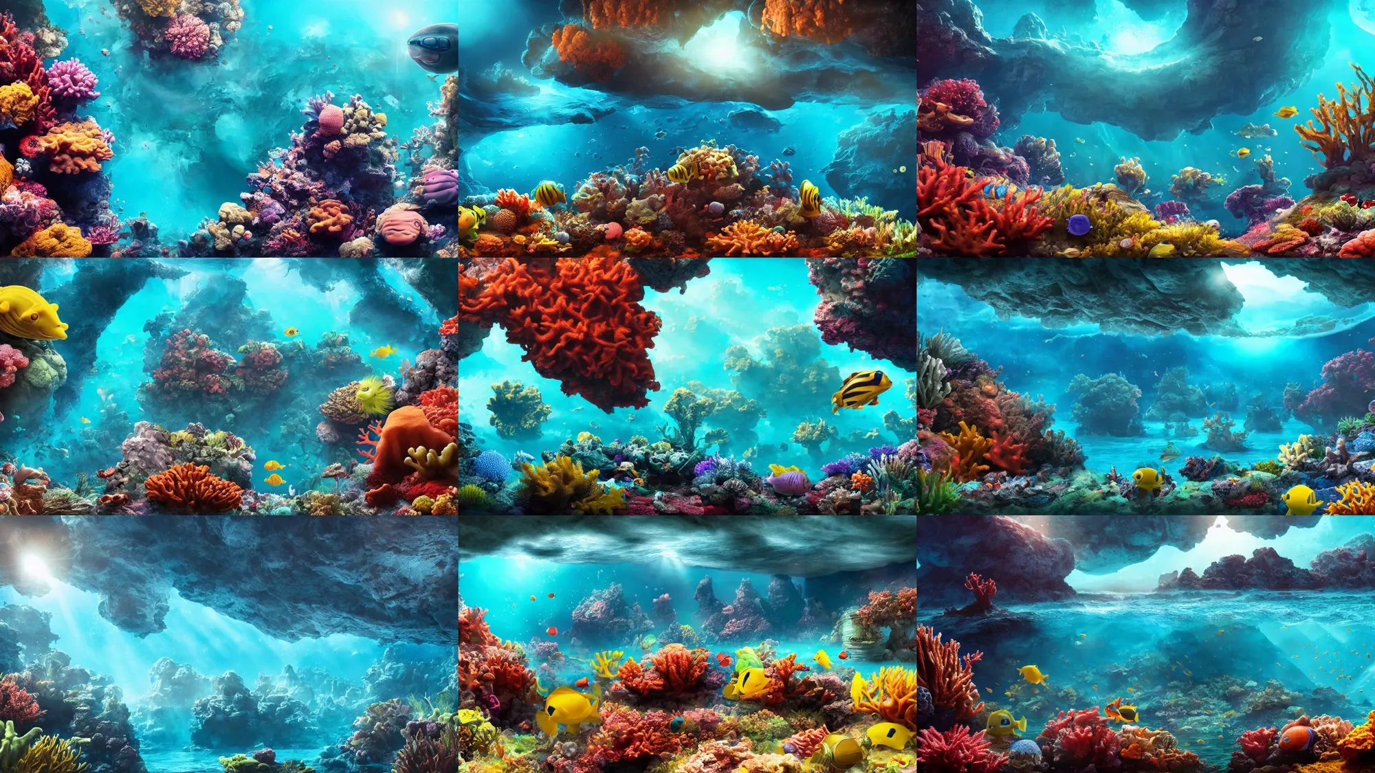 Prompt: underwater landscape of an alien planet, sunny day, environment, cinematic composition, cinematic lighting, photo realistic, ultra detailed, magnificent, 4 k, 8 k, foundation, coral reef, ocean