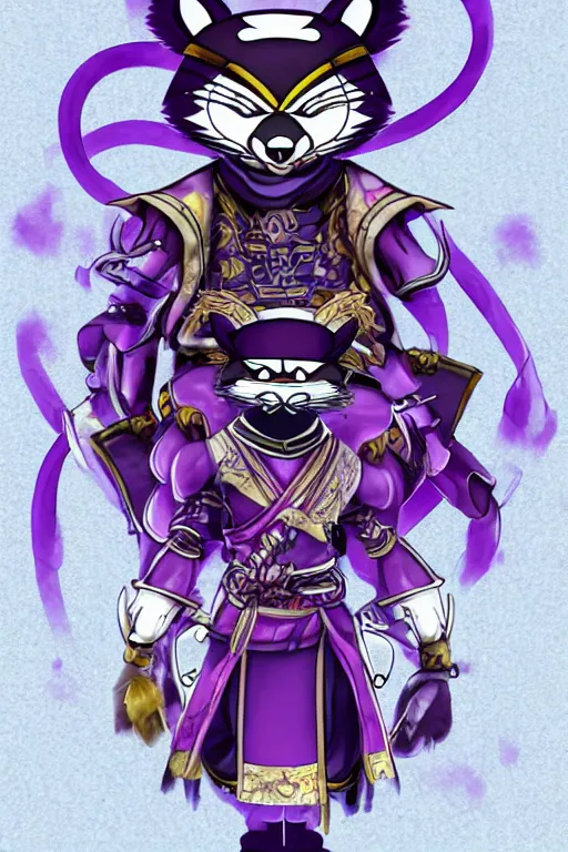 Prompt: purple samurai raccoon in the style of Yoshitaka Amano