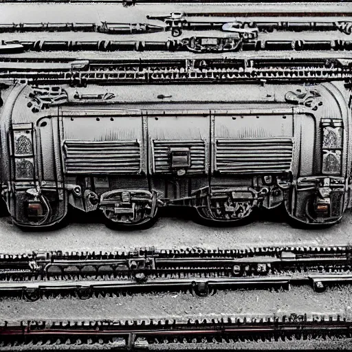 Image similar to boxcar made of human meat and bone, biomechanical railroad, highly detailed, War Photography, Pushead art, by H.R. Giger