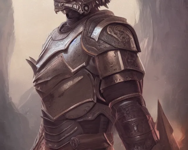 Image similar to A detailed matte oil on canvas head on symmetrical portrait of an armored paladin with the head of a hyena, by Charlie bowater, Lise Deharme, Wlop, trending on artstationhd, dungeons and dragons art, critical role