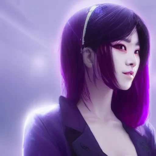 Prompt: Close up portrait of a young Asian Cyberpunk woman with dark purple hair, she's wearing a purple visor, hyperdetailed, artstation, cgsociety, 8k