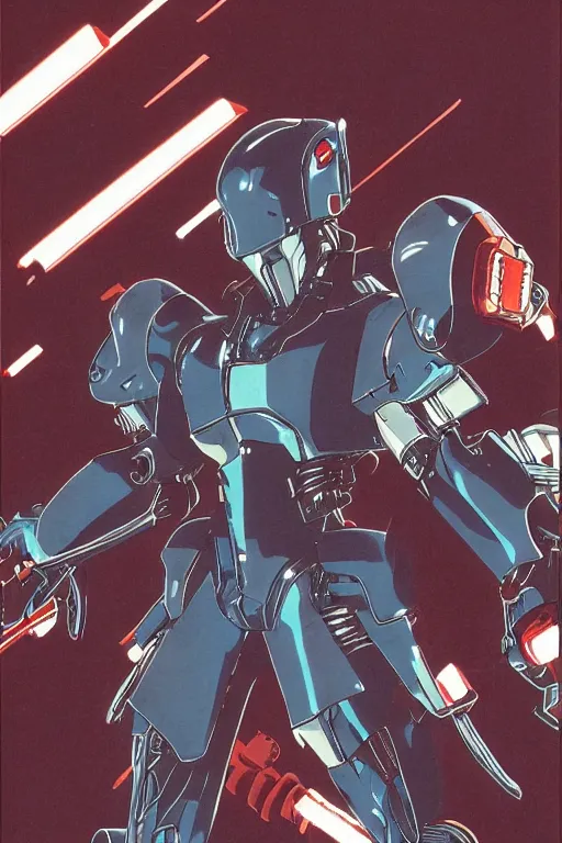 Image similar to boomer from bubblegum crisis at dusk, a color illustration by by tsutomu nihei and tetsuo hara