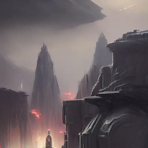 Prompt: star wars concept art by greg rutkowski, a baroque and imposing looking city, in the middle of a cold highland landscape, storm clouds, cinematic evening light, cold atmosphere, artstation hq