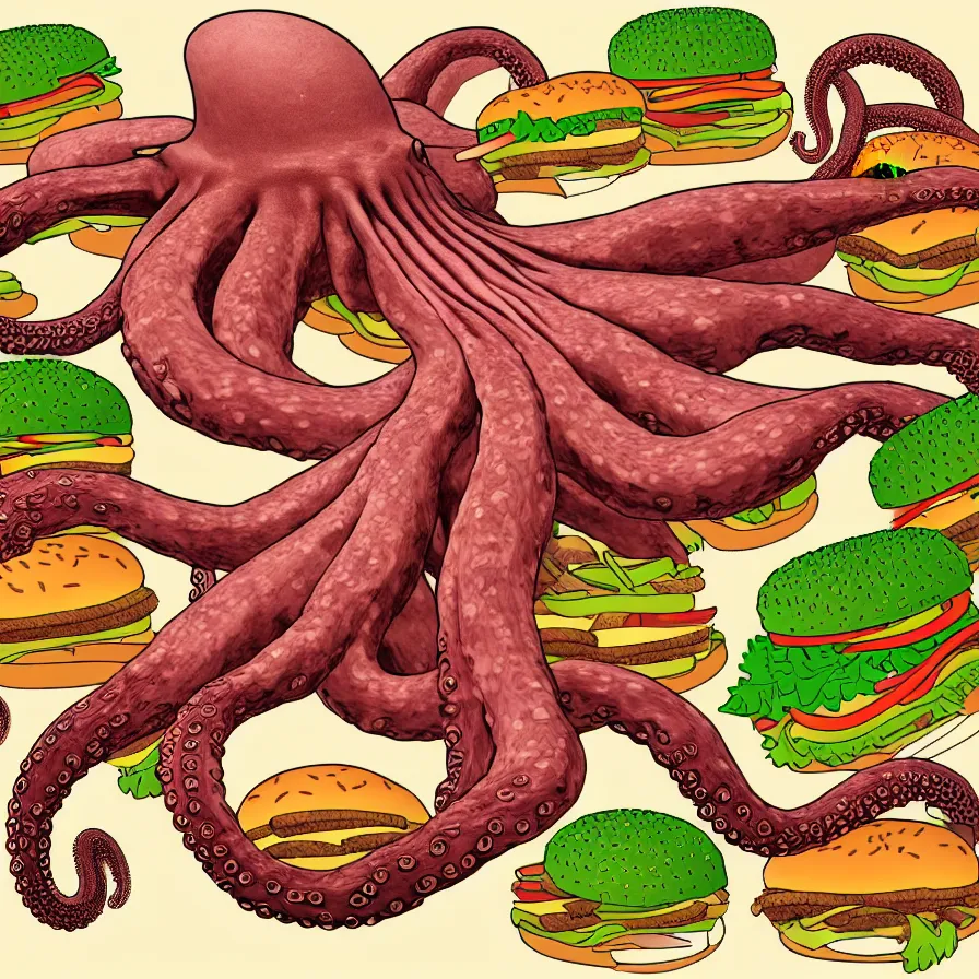 Image similar to ultra detailed anatomy textbook illustration of a giant octopus holding many burgers, tentacles wrapped around burgers, artstation, 8 k