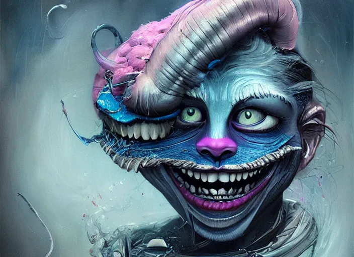 Prompt: dream portrait of Cheshire Cat from Alice in Wonderland,full character, melting ,8k,by tristan eaton,Stanley Artgermm,Tom Bagshaw,Greg Rutkowski,Carne Griffiths, Ayami Kojima, Beksinski, Giger,trending on DeviantArt,face enhance,hyper detailed,minimalist,cybernetic, android, blade runner,full of colour