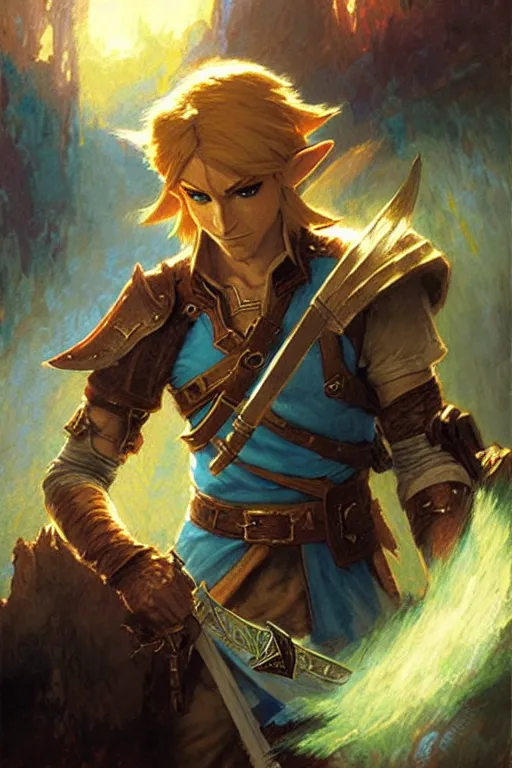 Prompt: link from zelda as a magic the gathering card portrait dnd, painting by gaston bussiere, craig mullins, greg rutkowski, yoji shinkawa