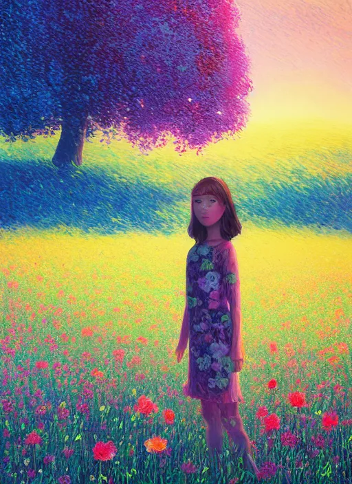 Prompt: girl with flower as a face, flower dress, standing in a flower field, big trees, sunrise dramatic light, impressionist painting, colorful clouds, digital painting, pointillism, artstation, simon stalenhag