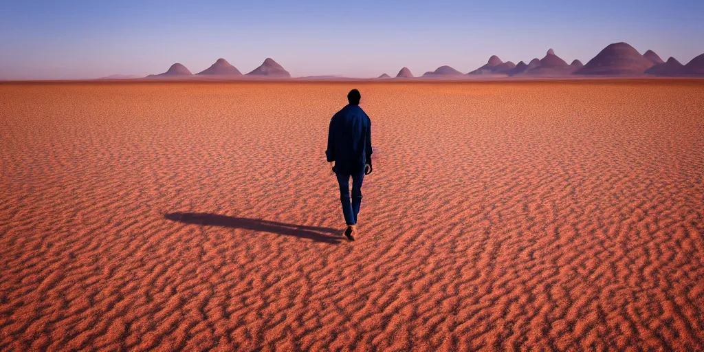 Prompt: of a photography of a man walking on desert , with blue light dark blue sky, long cloths red like silk, ants are big and they shine on the sunlight, there are sand mountains on the background, a very small oasis on the far distant background along with some watch towers, ants are perfect symmetric insects, man is with black skin, the man have a backpack, the man stands out on the image, the ants make a line on the dunes, the sun up on the sky is strong, the sky is blue and there are some clouds, its like a caravan of a man guiding dunes of the desert, colors are strong but calm, volumetric, detailed objects, Arabica style, wide view, 14mm,