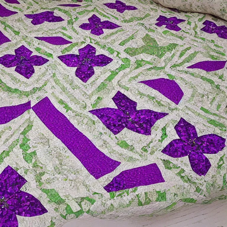 Prompt: lacy intricate hyper-realistic pattern violets and emerald gems quilt