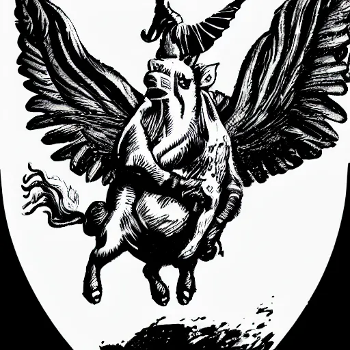 Image similar to winged flying pig with unicorn horn, richard corben style, black and white, 8k